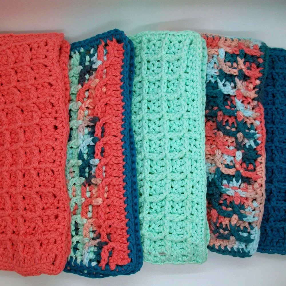 Handmade Crochet Reusable Cotton Wash Dish Cloths Metal Bucket Storage Set of 5